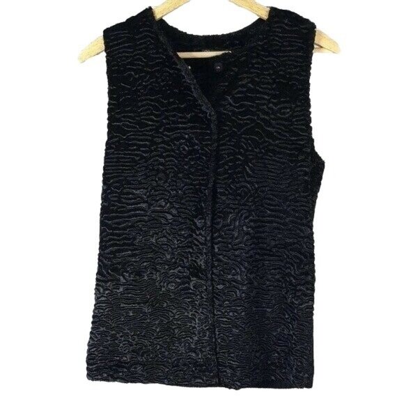 Adrianna Papell Vest Black Size Small Textured Snap Close Knit Back Faux Fur - Picture 1 of 9